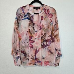 WHITE HOUSE BLACK MARKET Floral Sheer Blouse Long Sleeve Button Cuff Pink L